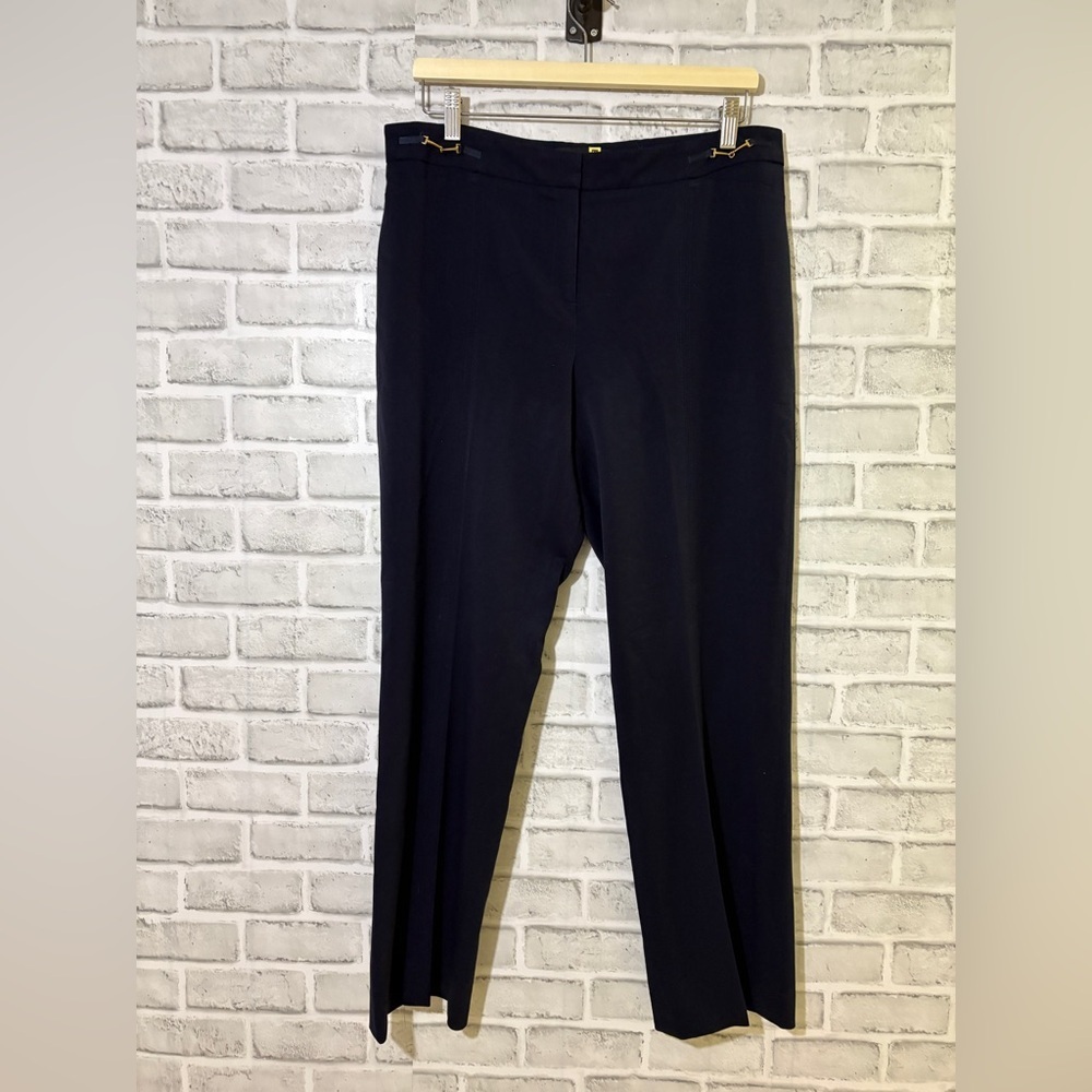 Laura women’s navy blue pleaded Dress Pants, gold embellishment, size 10